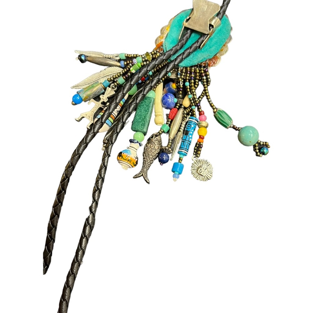 Vintage Leather Bolo Tie Southwestern Beads Gemstone Beads Multi-strand - Picture 15 of 16
